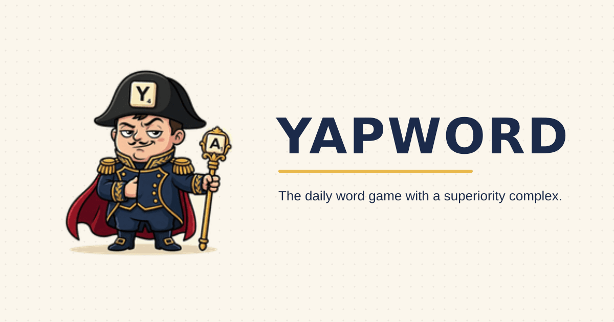 Yapword daily word game board mid-round, with the persistent generative character reacting to the player's guesses.